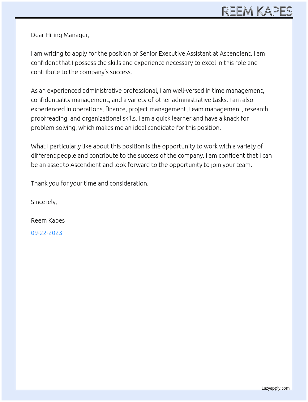 Senior Executive Assistant At Ascendient Cover Letter
