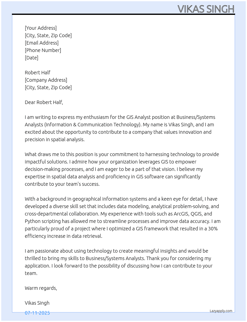 GIS Analyst At Business/Systems Analysts (Information & Communication Technology) Cover Letter