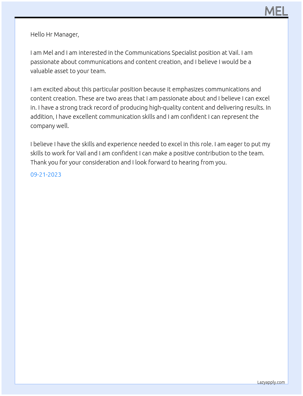 Communicatiosn specialist At Vail Cover Letter