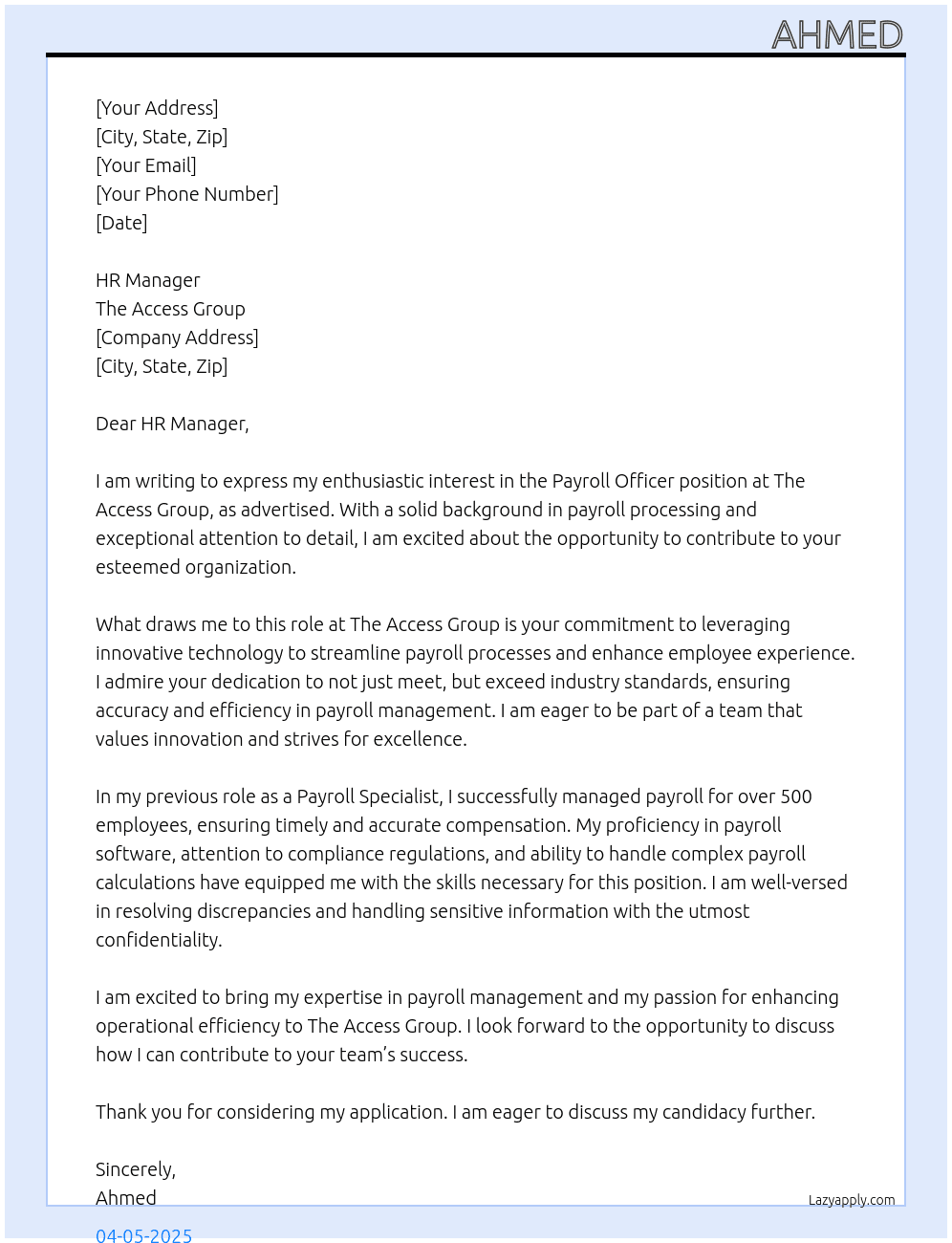Payroll Officer At The Access Group Cover Letter