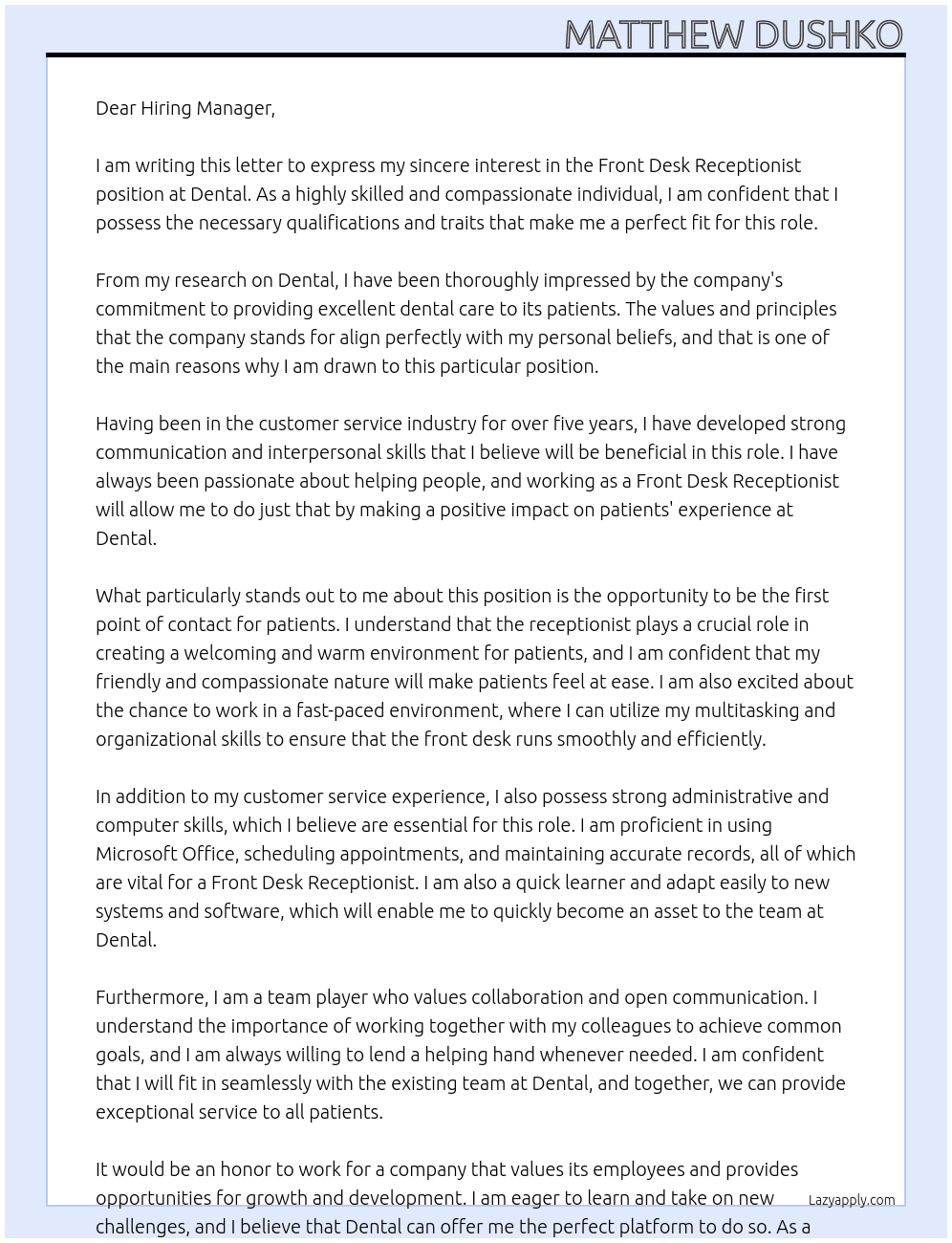 Front Desk Receptionist At Dental Cover Letter