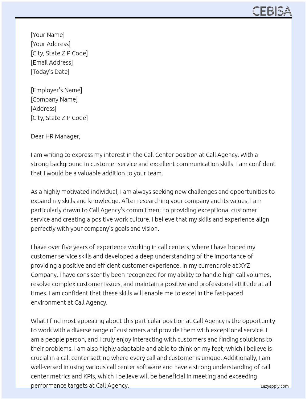 Call center  At Call agency  Cover Letter