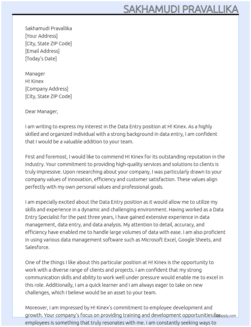 Data entry  At H! Kinex  Cover Letter