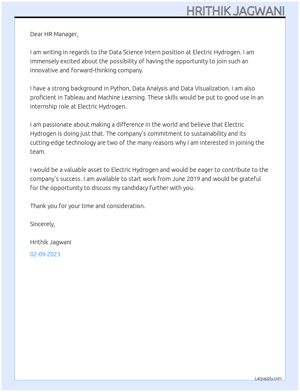 Data Science Intern At Electric Hydrogen Cover Letter