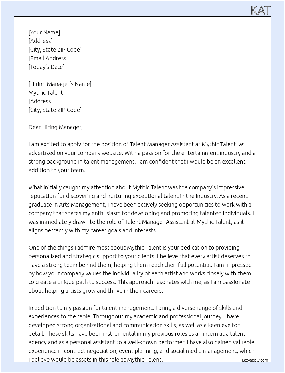 TALENT MANAGER ASSISTANT At Mythic Talent Cover Letter