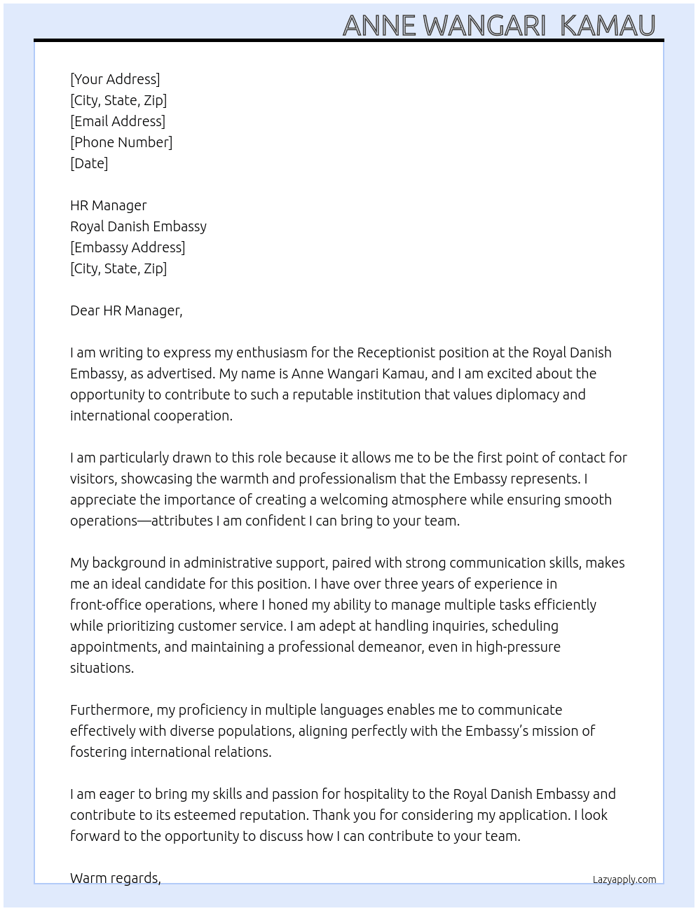Receptionist At Royal Danish Embasy Cover Letter