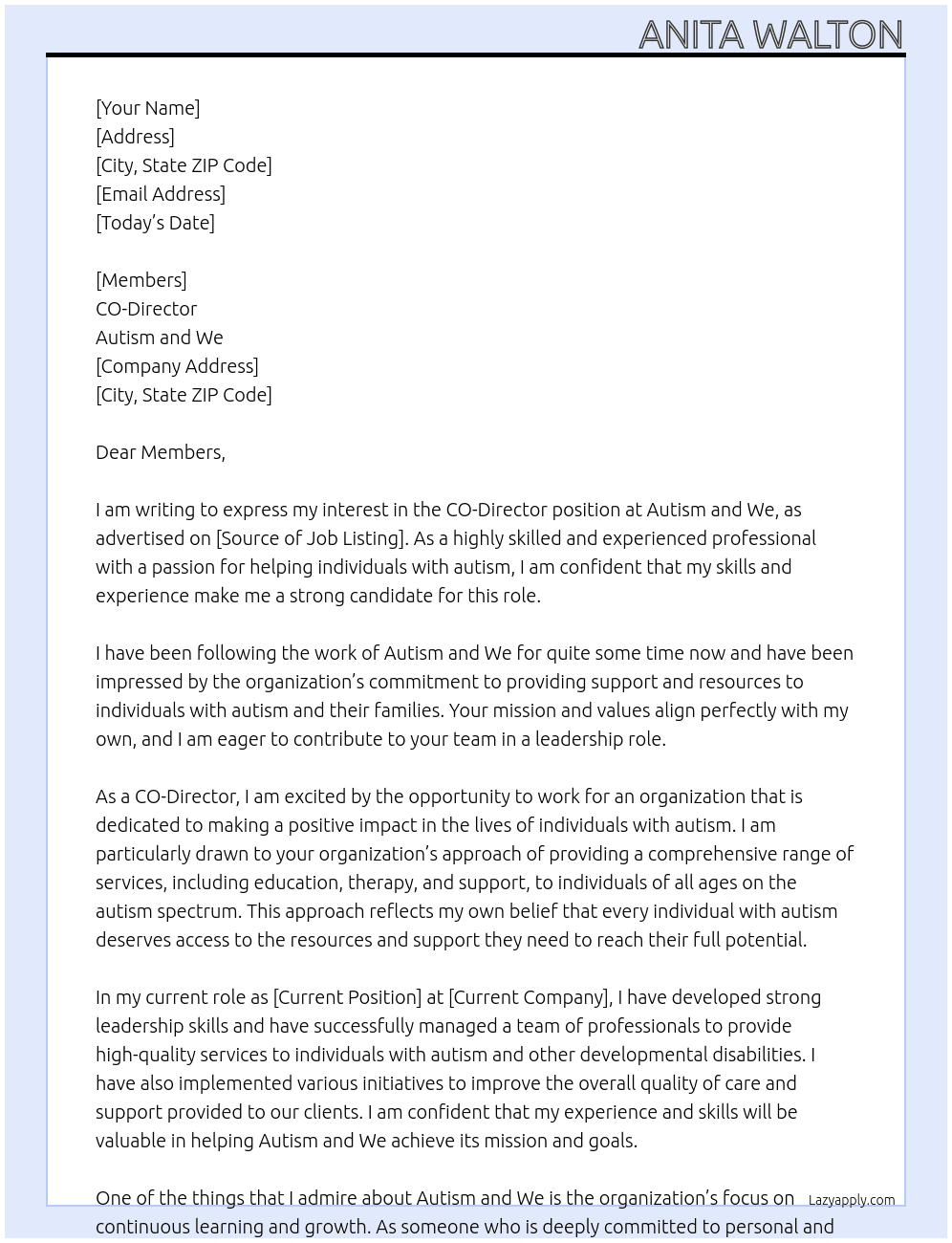 CO -DIRECTOR  At AUTISM AND WE Cover Letter