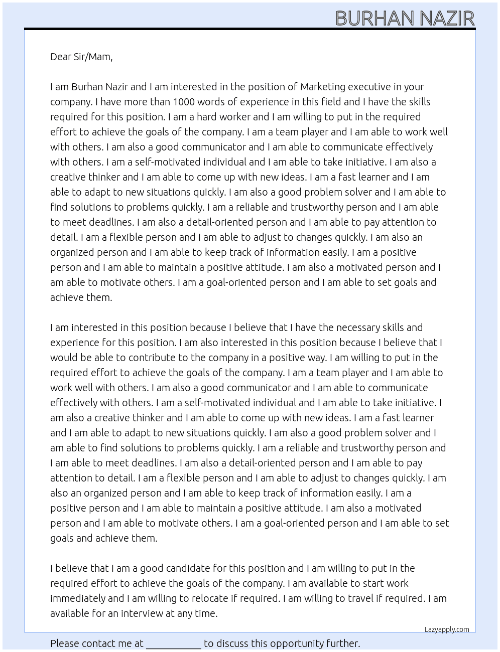 Marketing executive  At Hettich Cover Letter