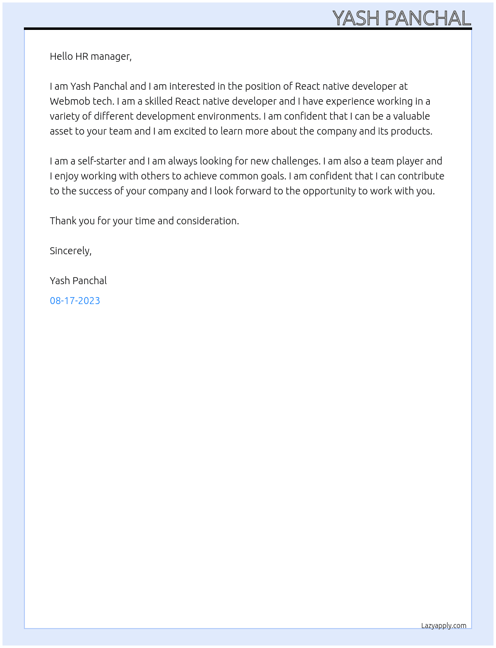 React native developer At Webmob tech Cover Letter