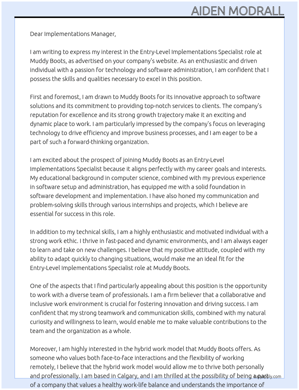 Software Setup and Administration At Muddy Boots Cover Letter