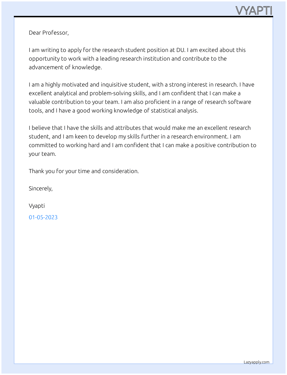 Research student  At DU Cover Letter