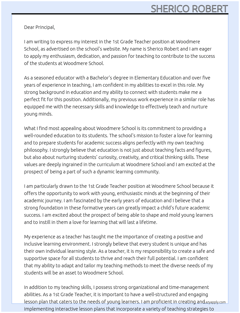 1st Grade Teacher At Woodmere School Cover Letter