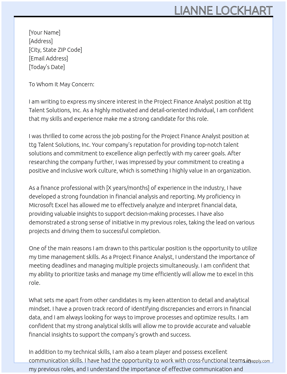 Project Finance Analyst At ttg Talent Solutions, Inc. Cover Letter
