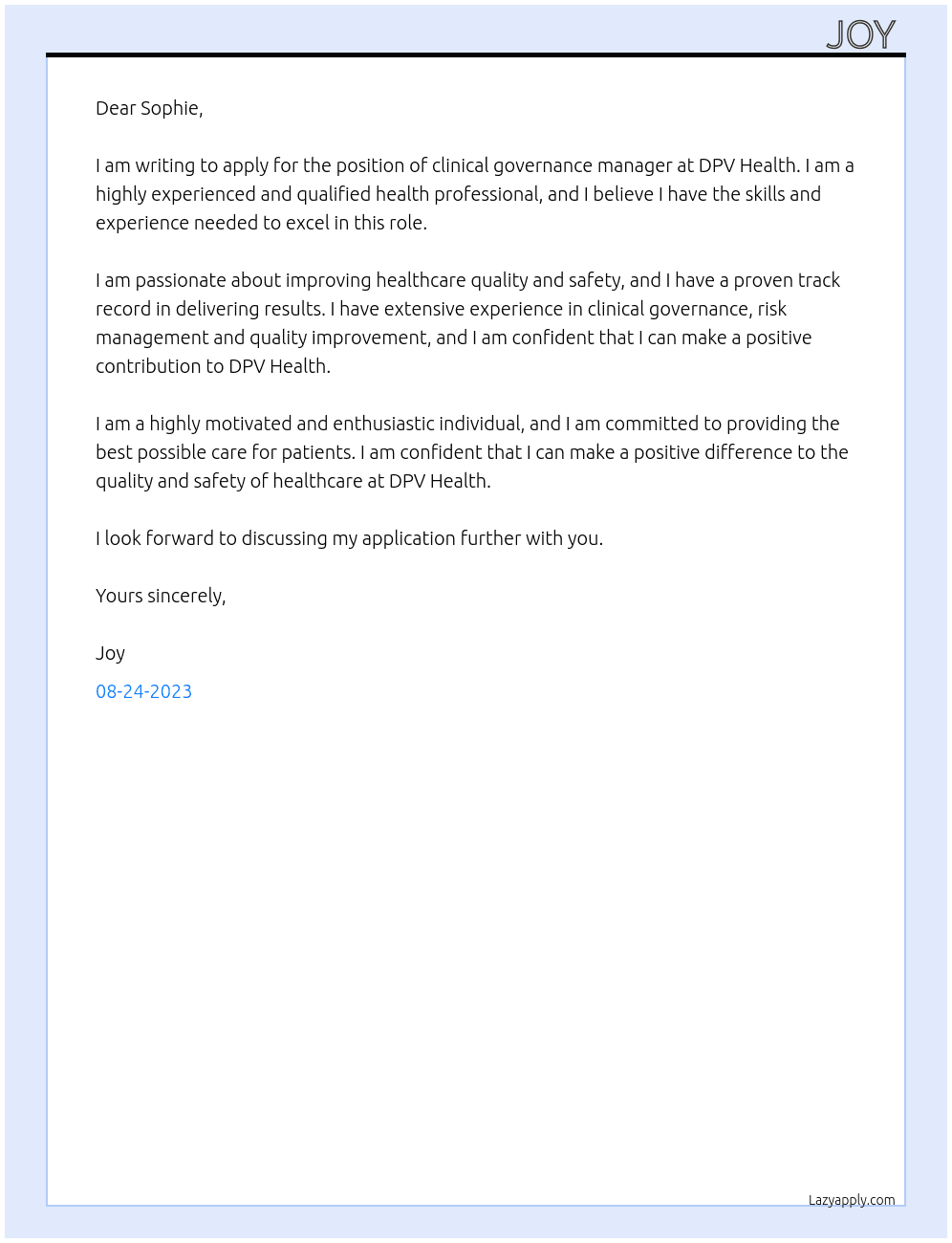 clinical governance manager At DPV Health Cover Letter