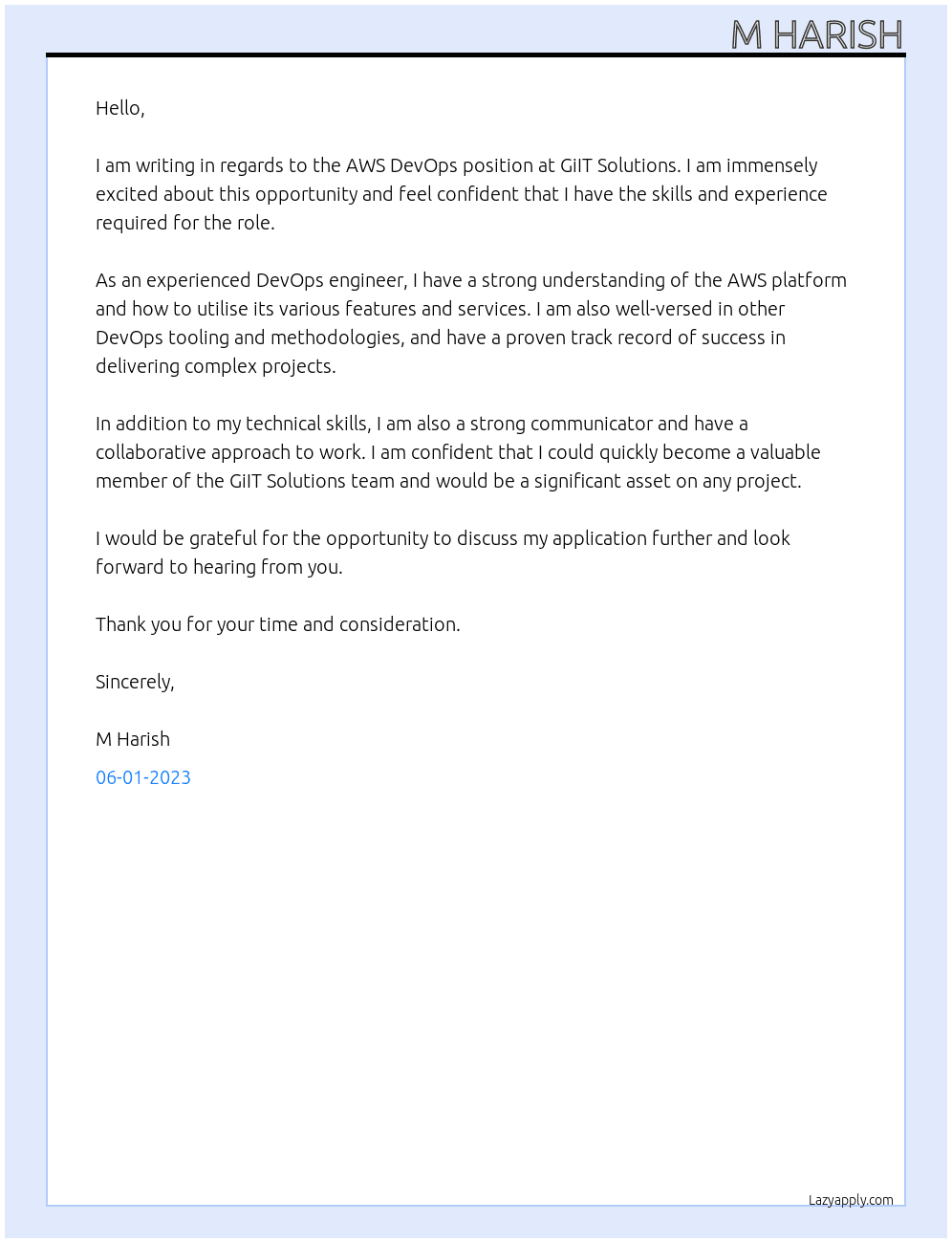 aws devops At giit solution Cover Letter