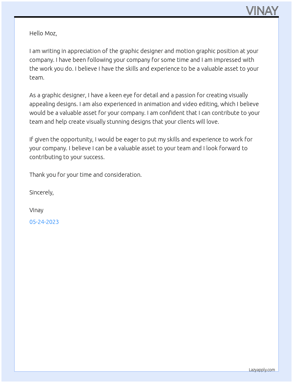 Graphic designer & Motion Graphic At Moz Cover Letter