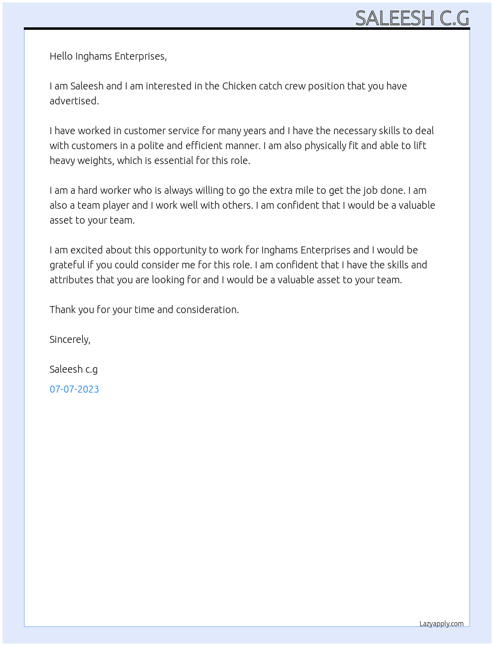 Chicken catch crew At Inghams Enterprises  Cover Letter