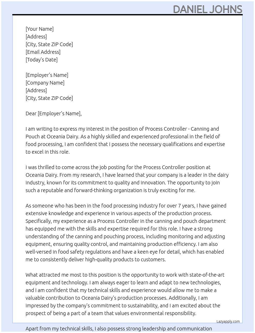 Process Controller - Canning and Pouch At Oceania Dairy Cover Letter