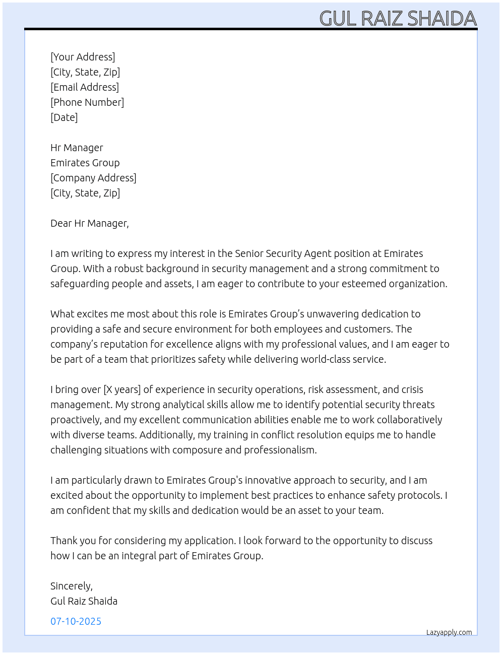 Cover letter for senior security agent - LazyApply