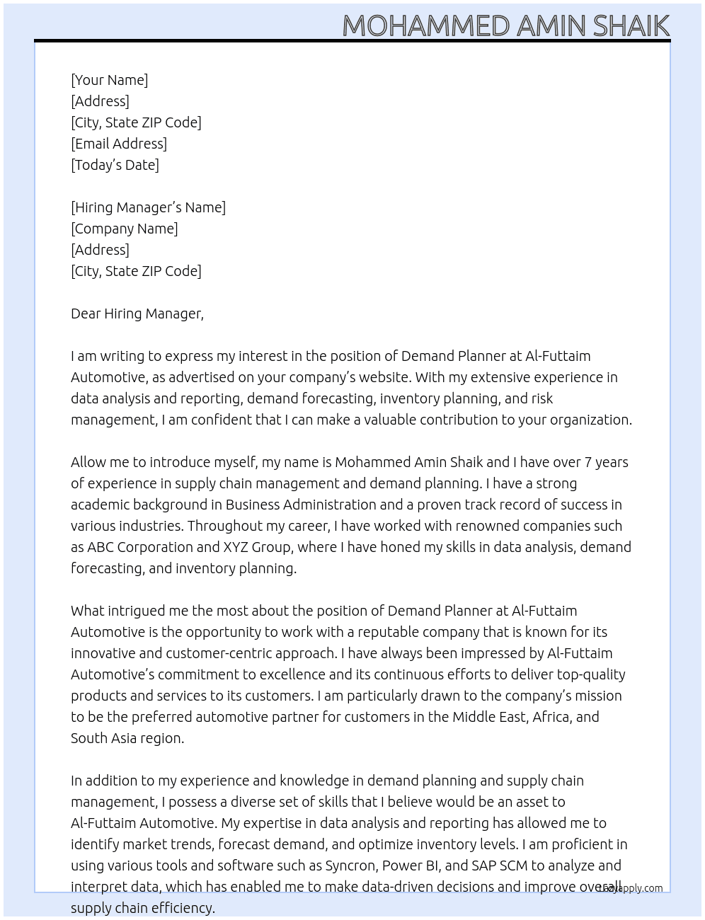 Demand Planner At Al-Futtaim Automotive Cover Letter