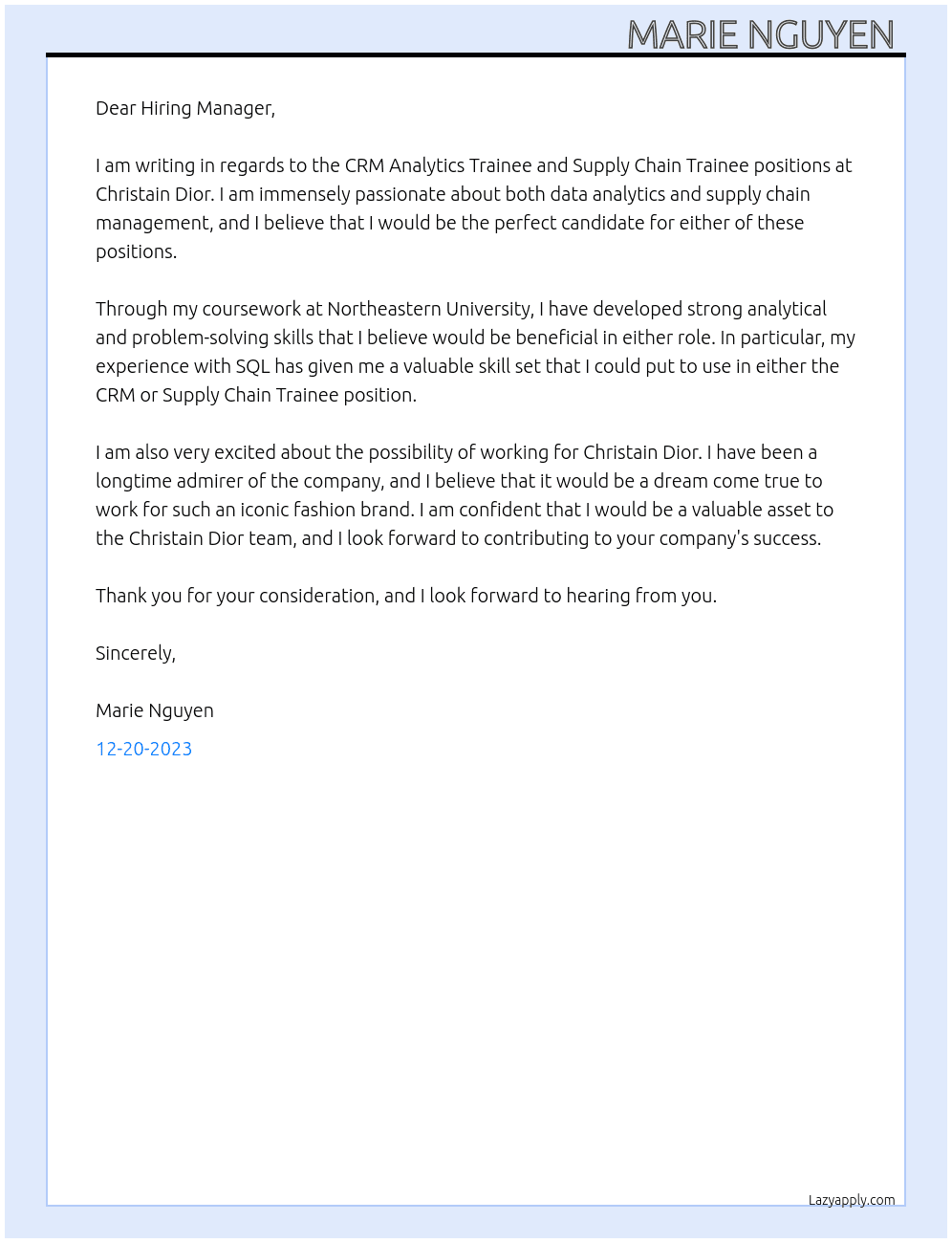 CRM Analytics Trainee and Supply Chain Trainee At Christain Dior  Cover Letter