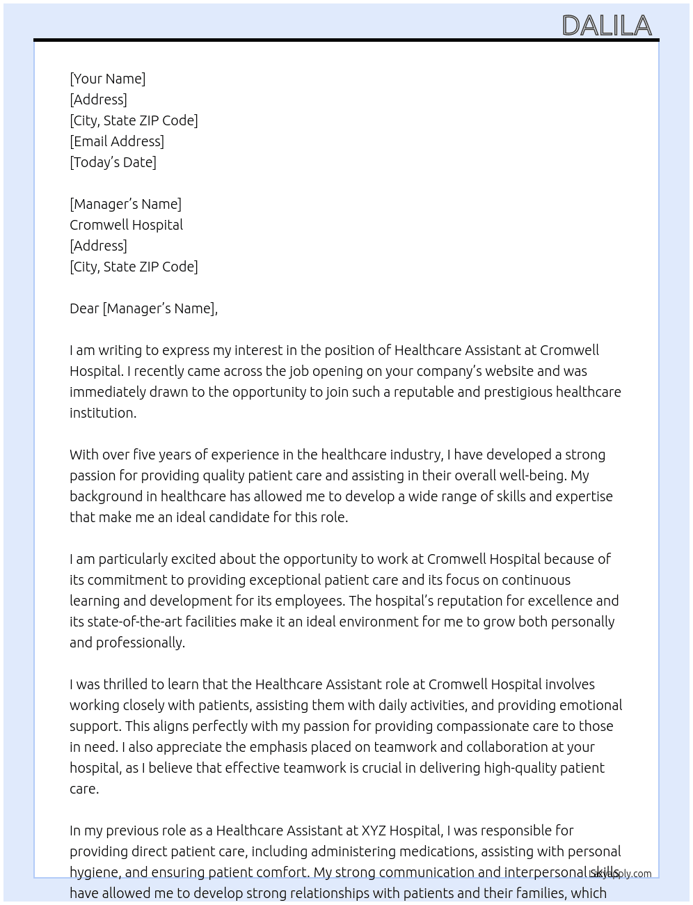 Healthcare assistant  At Cromwell  hospital  Cover Letter
