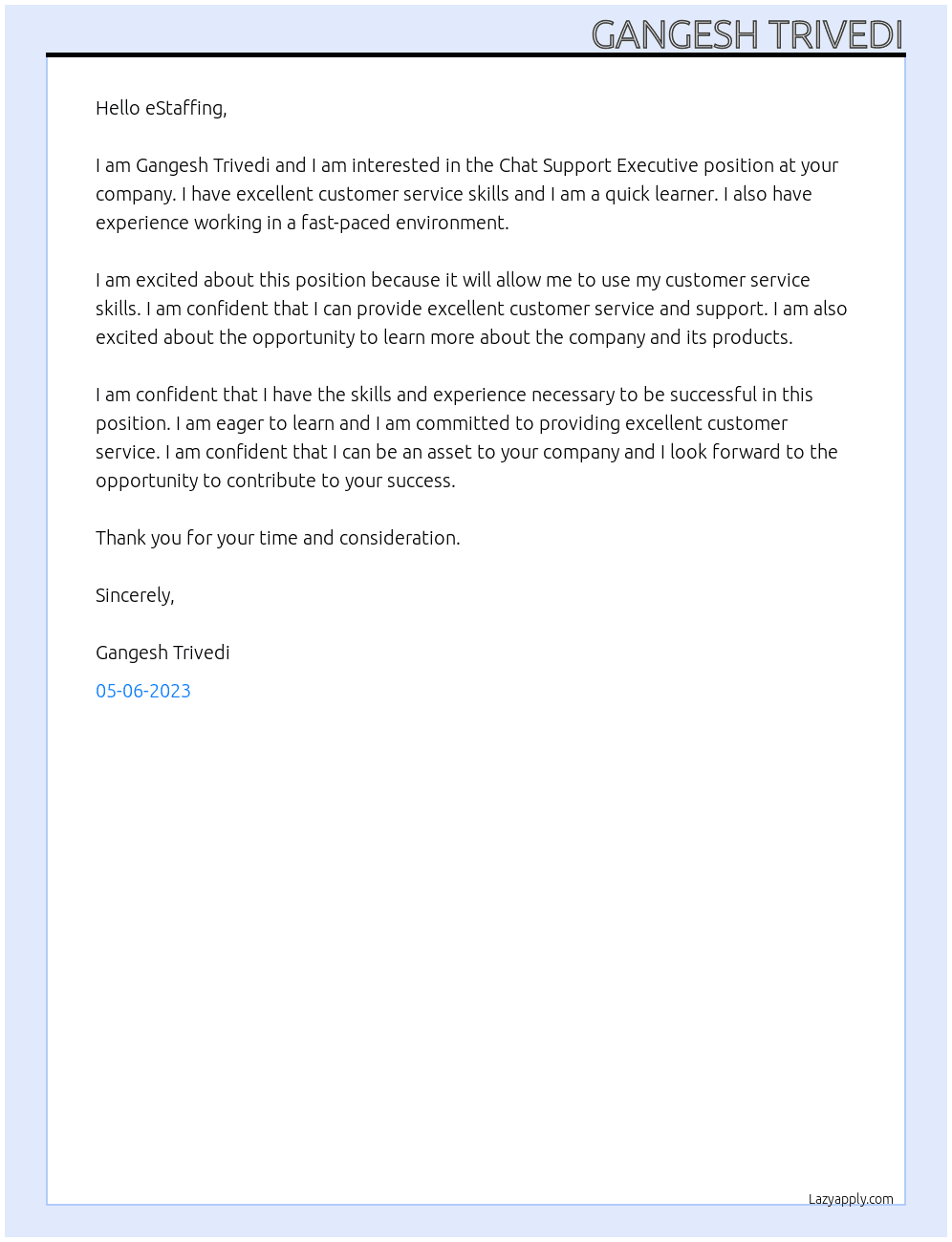 Chat Support Executive At eStaffing Cover Letter