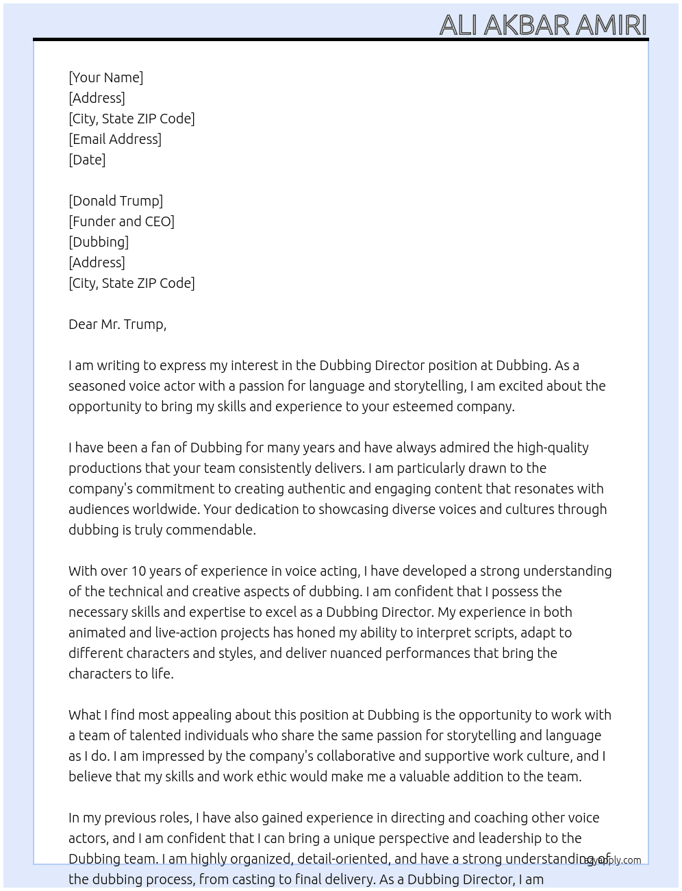 Dubbing Director  At Dubbing Cover Letter