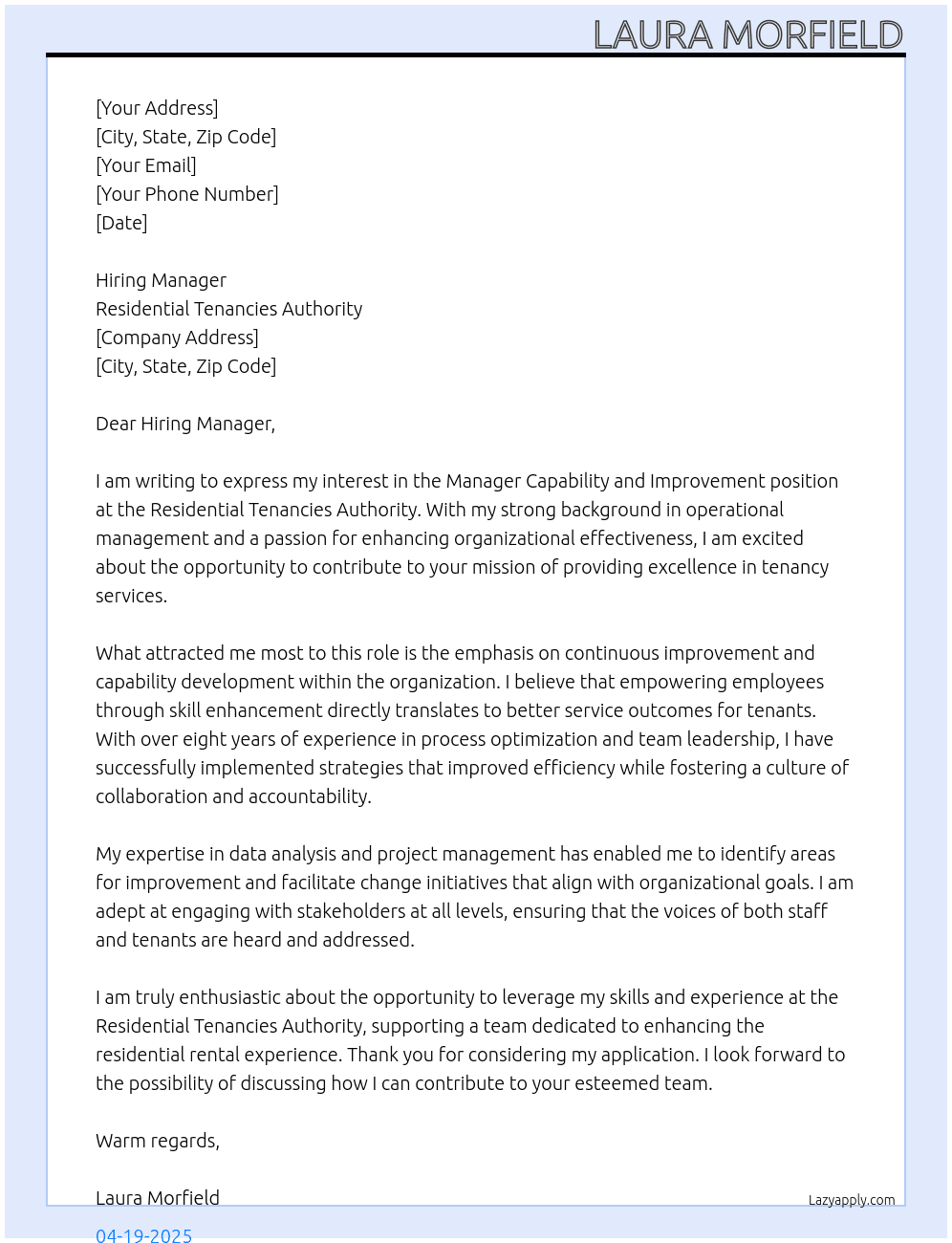 Manager Capability and Improvement At Residential Tenancies Authority Cover Letter