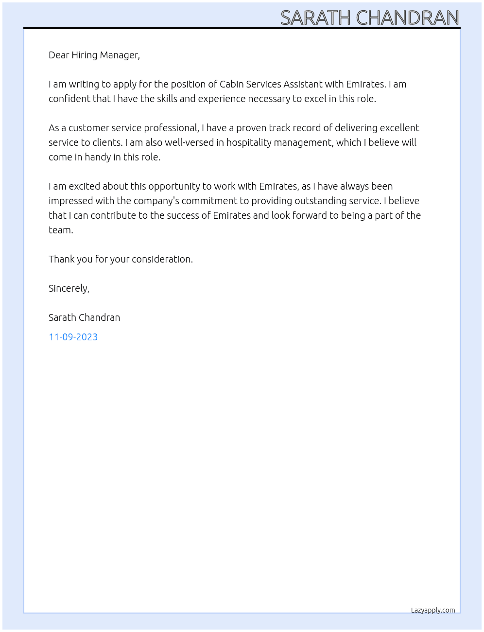 CABIN SERVICES ASSISTANT At emirates Cover Letter