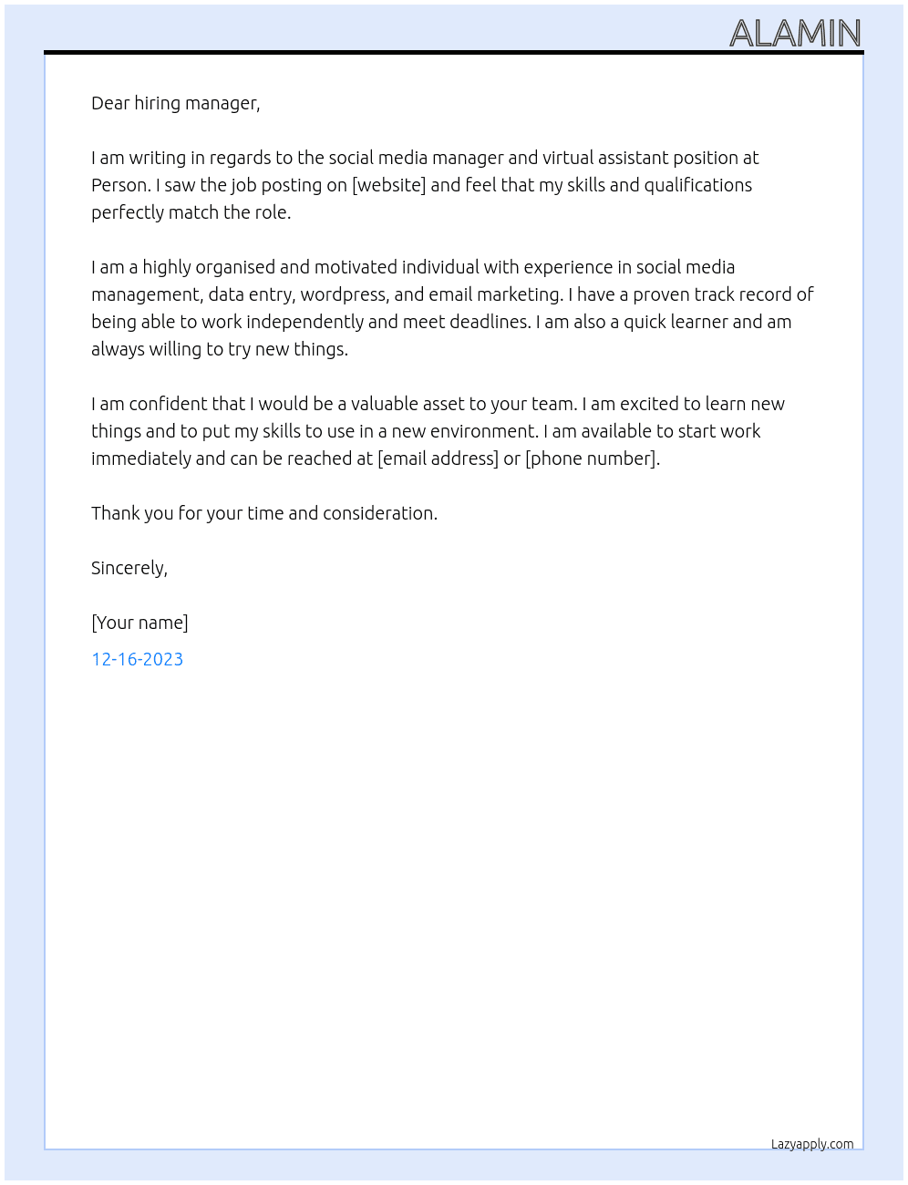 Social media manager and virtual assistant At Person Cover Letter