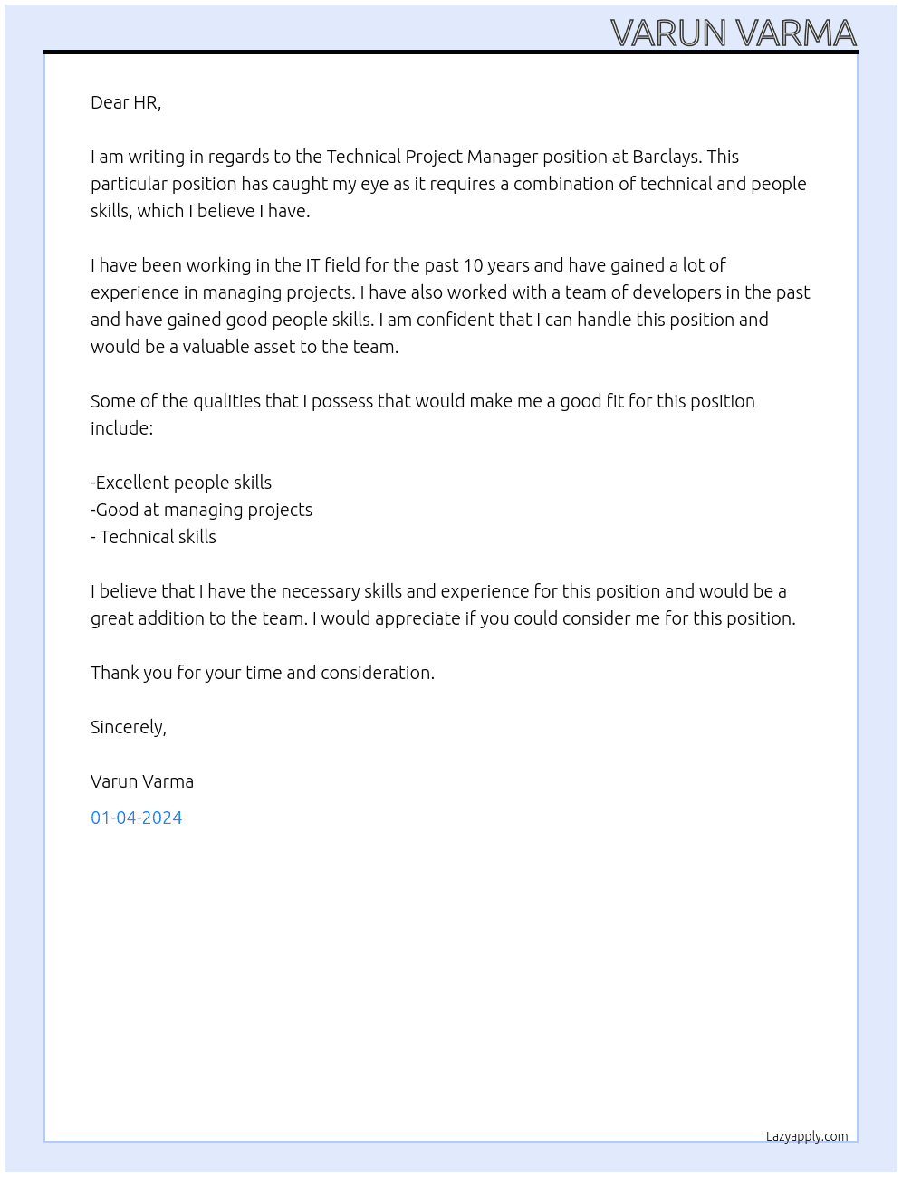 Technical Project Manager At Barclays Cover Letter
