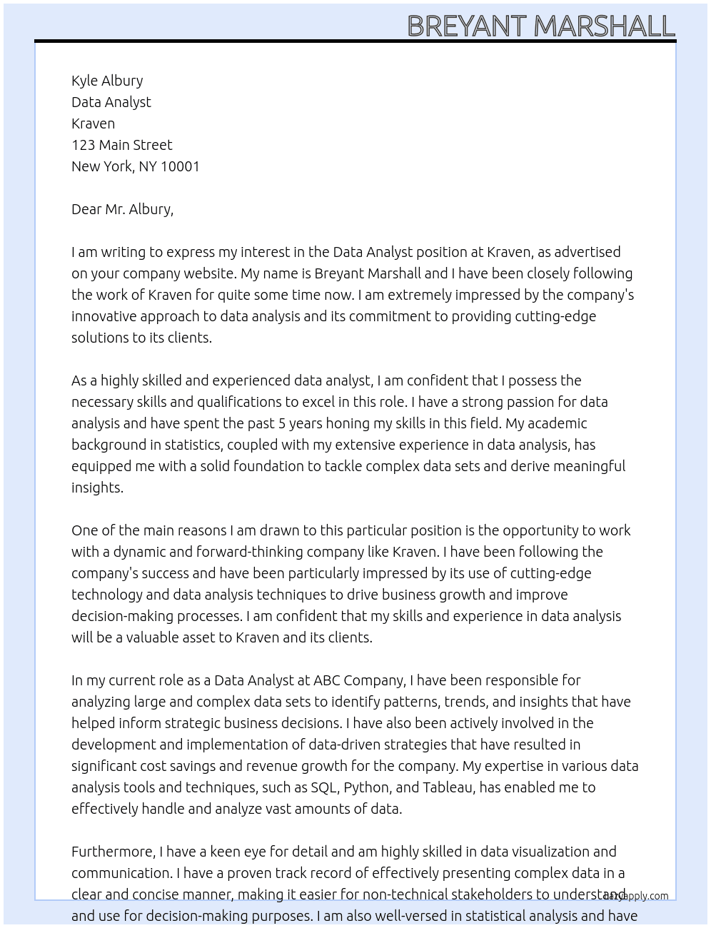 data analyst At Kraven Cover Letter