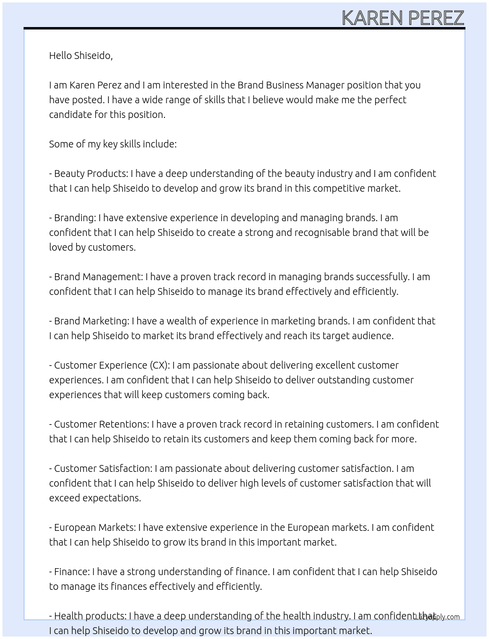 BRAND BUSINESS MANAGER At Shiseido Cover Letter