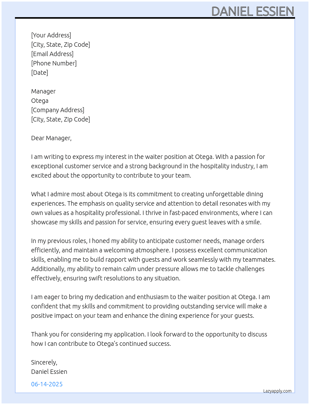 A waiter At Otega Cover Letter