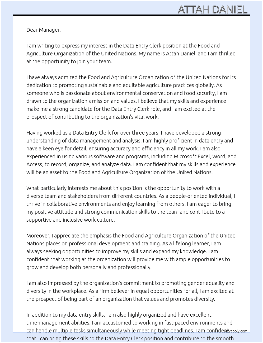 Data Entry Clerk  At Food and Agriculture Organization of the United Nations Cover Letter