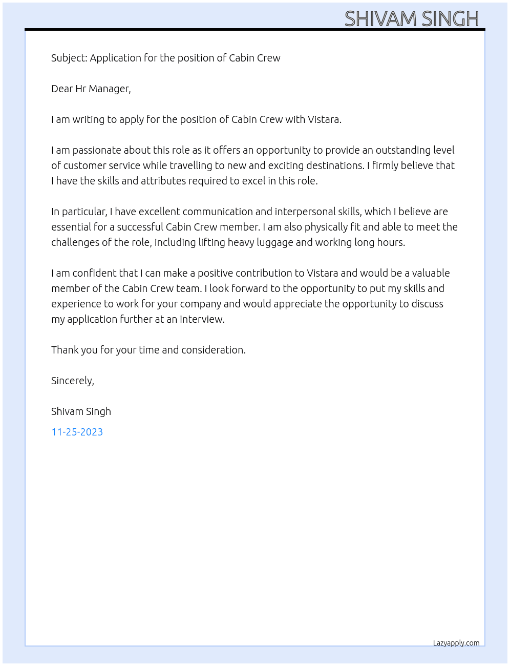 Cabin Crew At Vistara Cover Letter