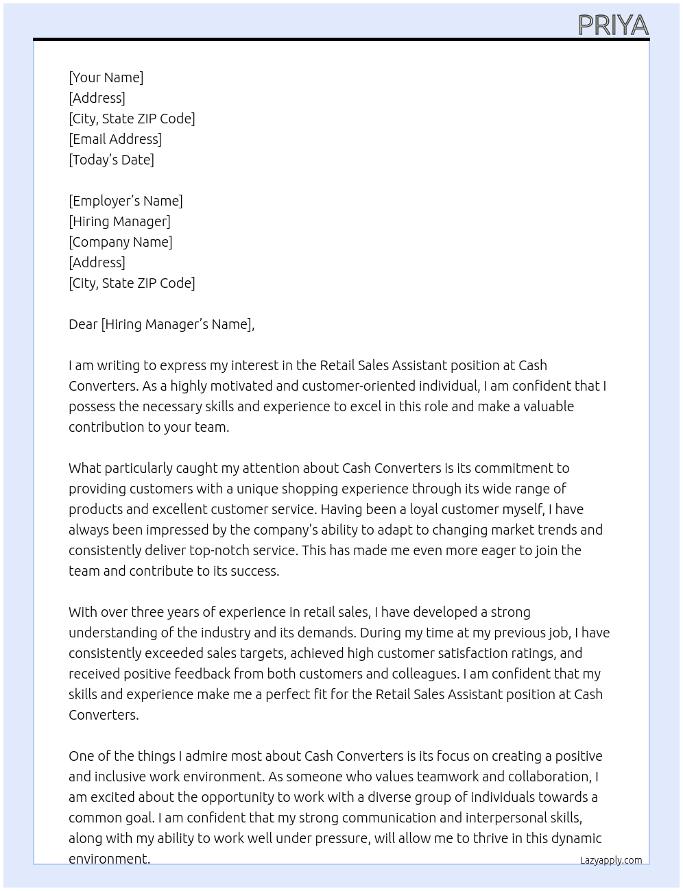 retail sales assitant At cash converters Cover Letter