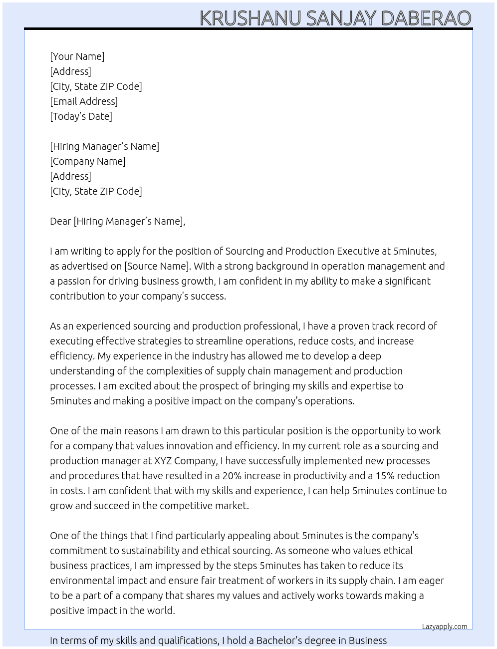  Sourcing and Production Executive At 5minutes Cover Letter