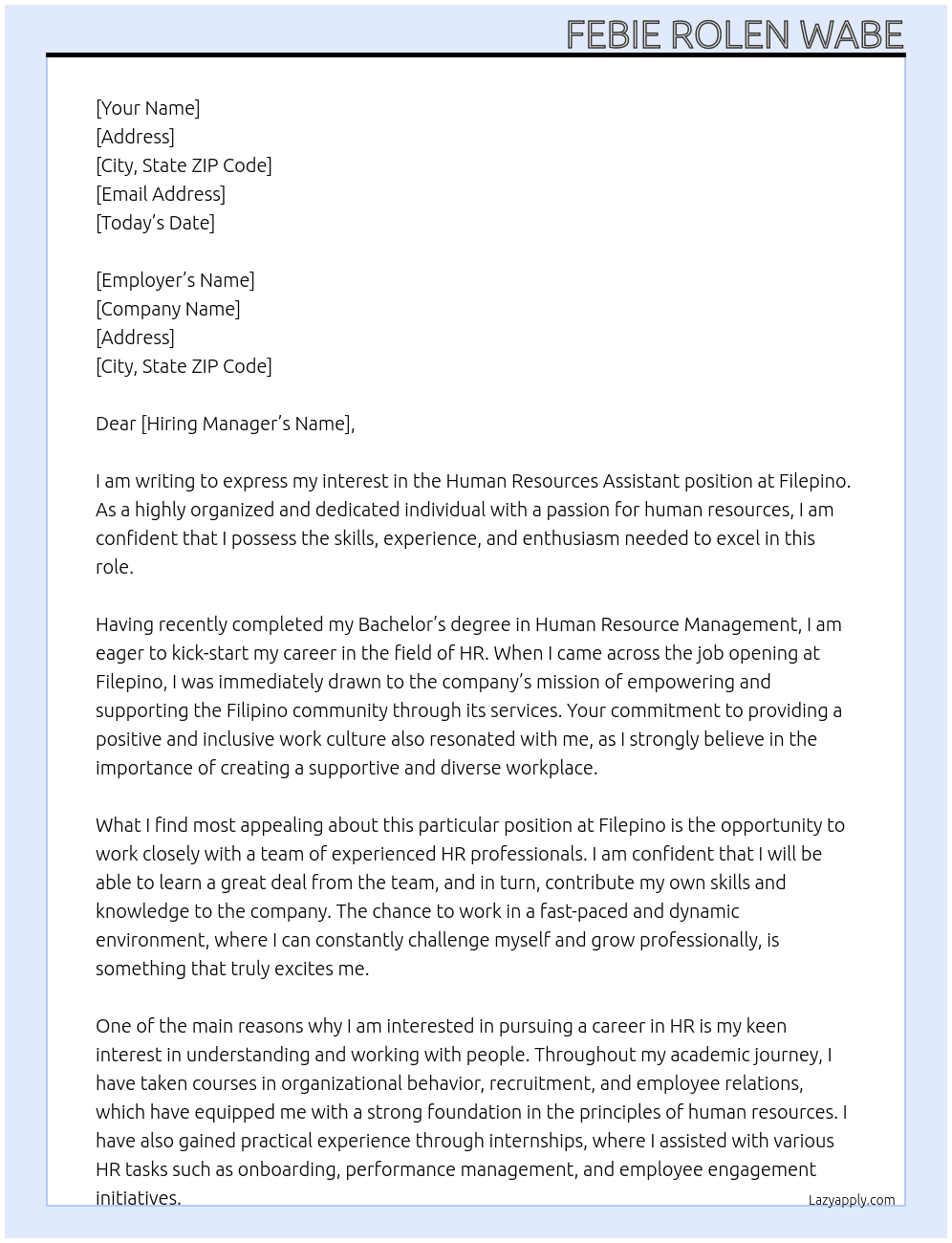 Human resources assistant At Filepino Cover Letter