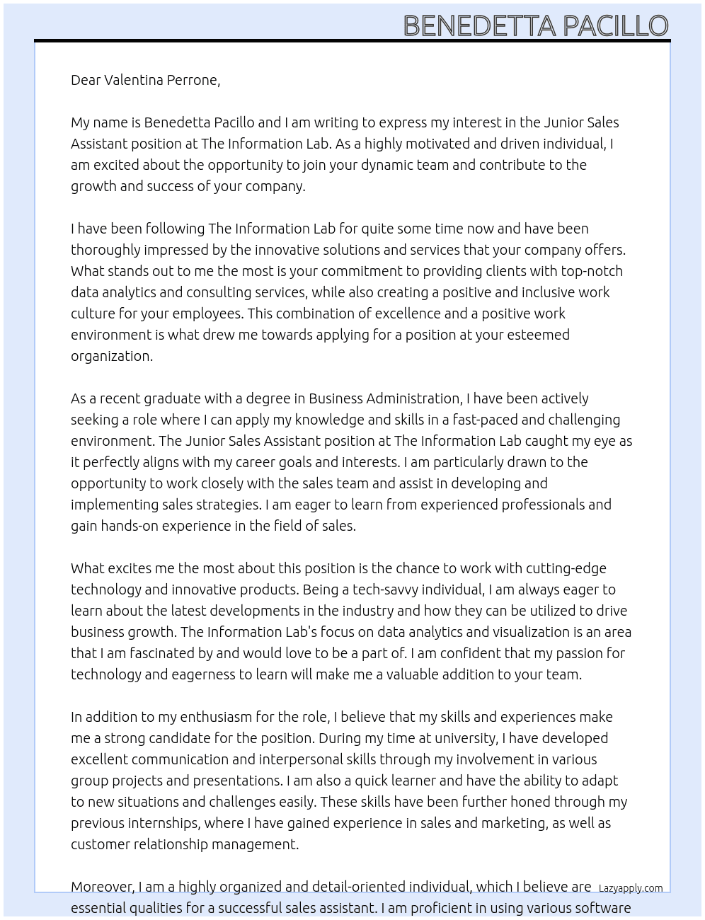 Junion Sales Assistant At The Information Lab Cover Letter