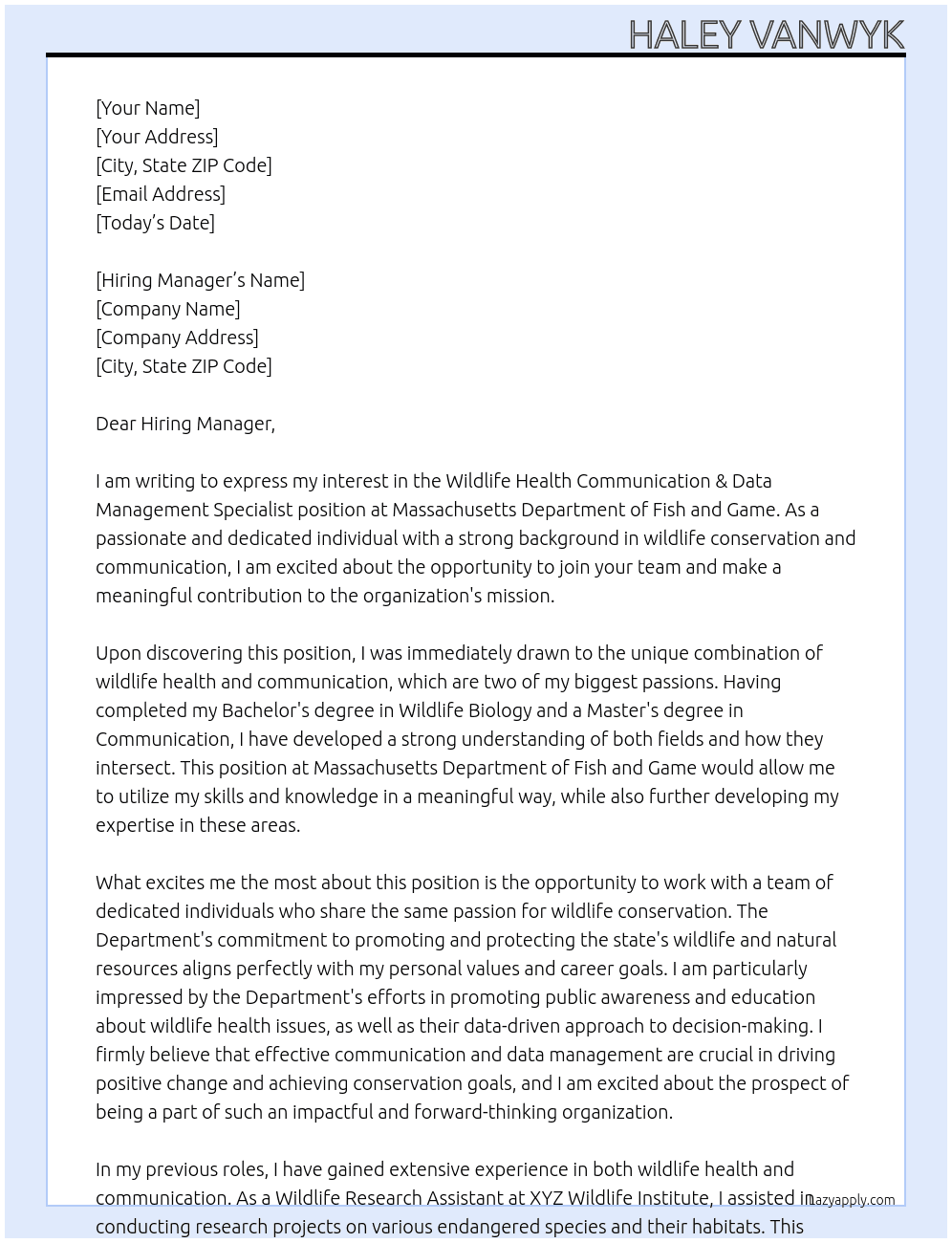Wildlife Health Communication & Data Management Specialist  At Massachusetts Department of Fish and Game Cover Letter