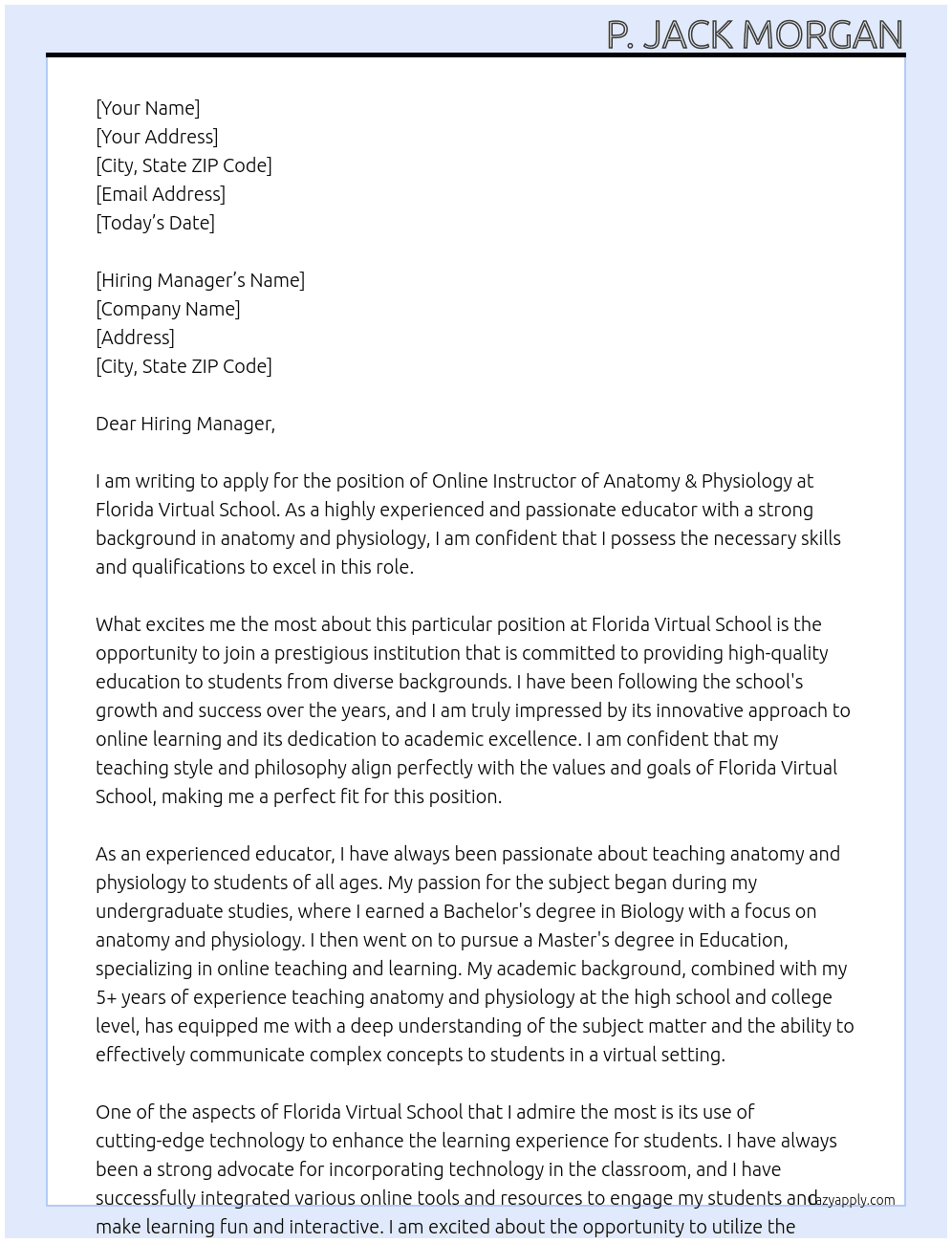 Online Instructor of Anatomy & Physiology At Florida Virtual School Cover Letter