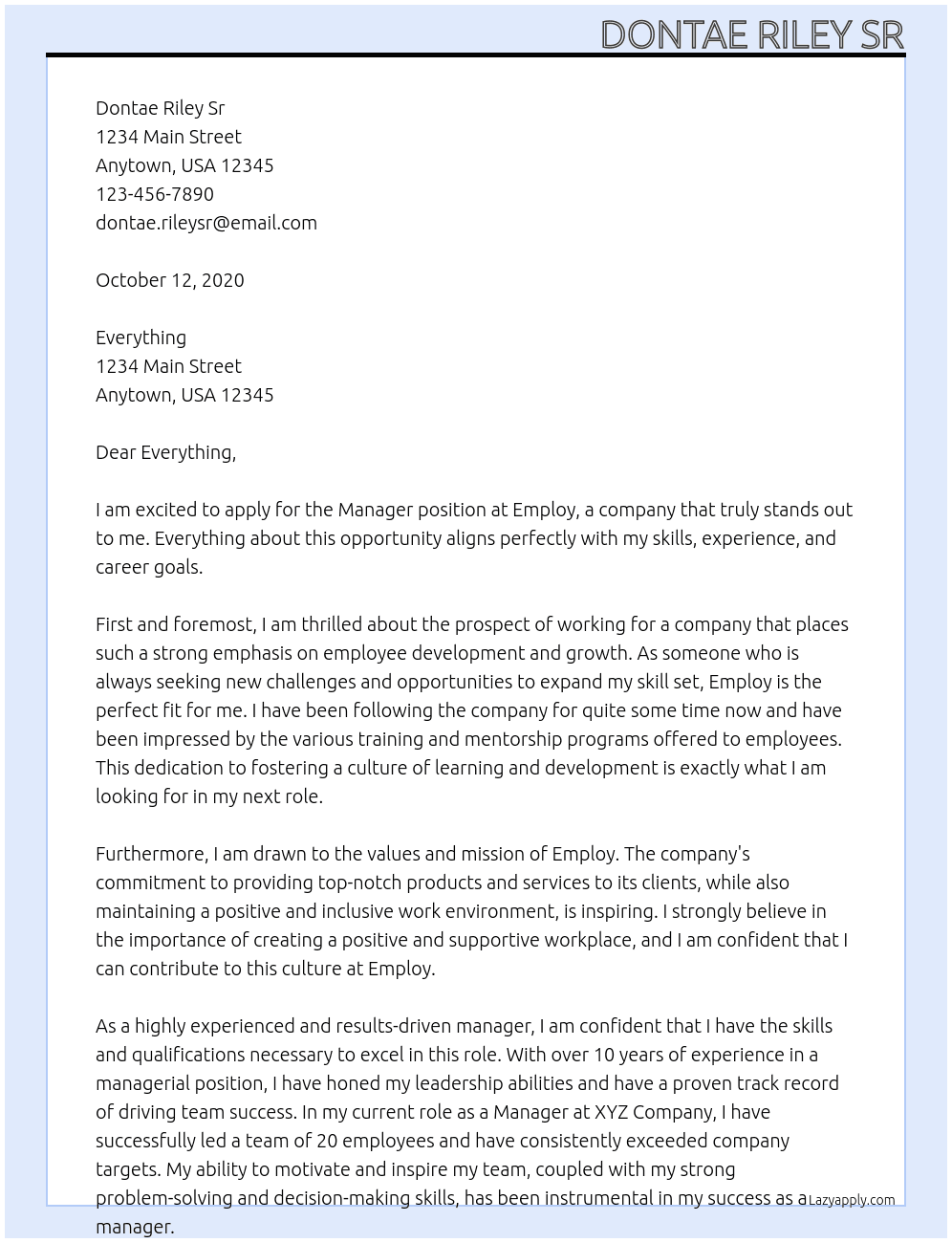 manger At Employ  Cover Letter