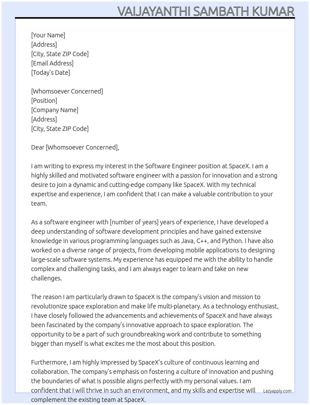 Software Engineer At SpaceX Cover Letter
