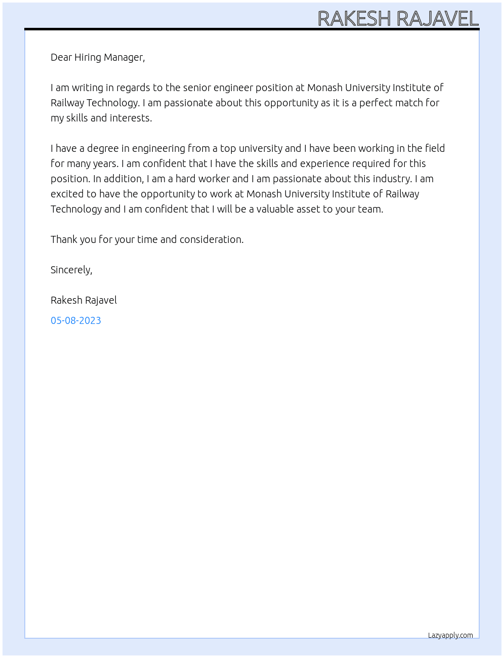 senior Engineer At Monash University Institute of Railway Technology Cover Letter