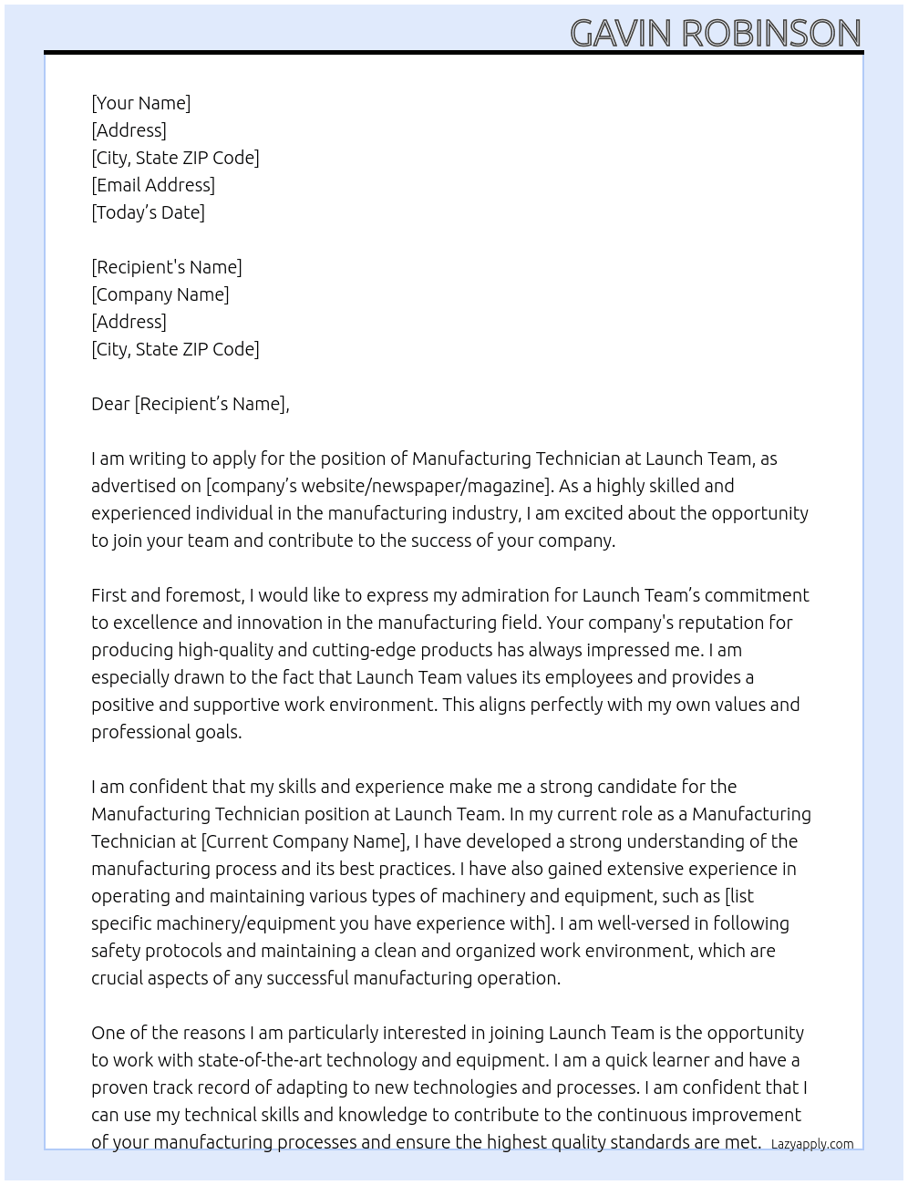 manufactring technician  At Launch Team Cover Letter