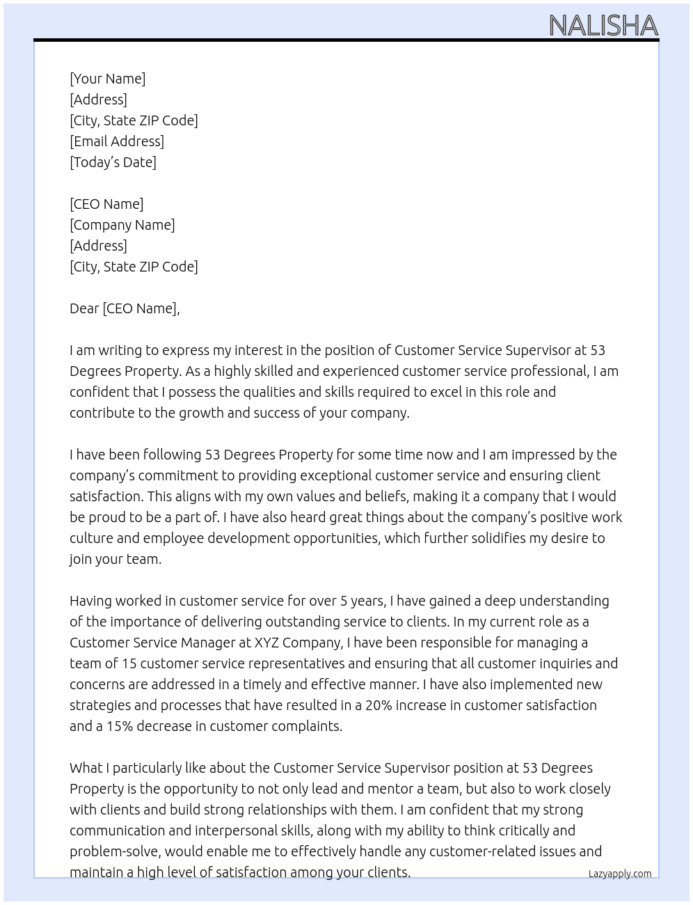 Customer service supervisor  At 53 Degrees Property  Cover Letter