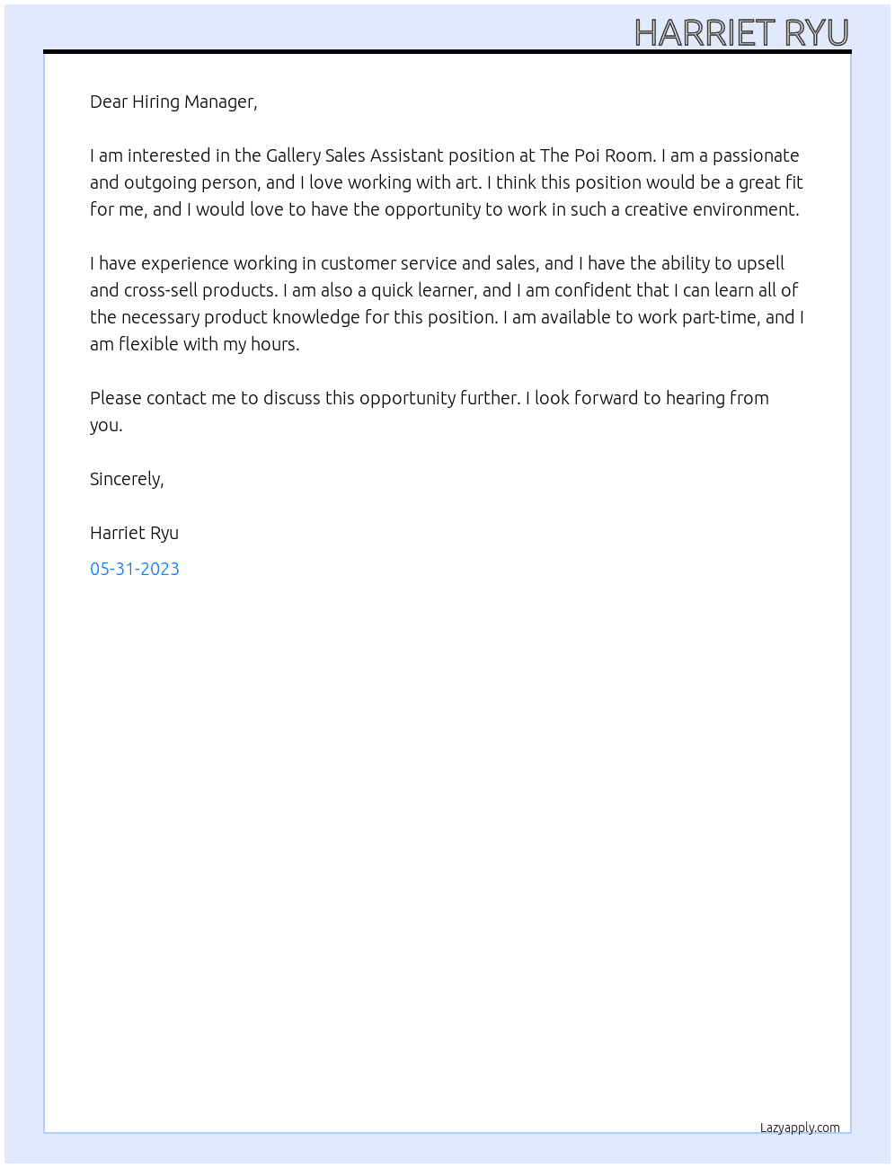 Gallery Sales Assistant At The Poi Room Cover Letter