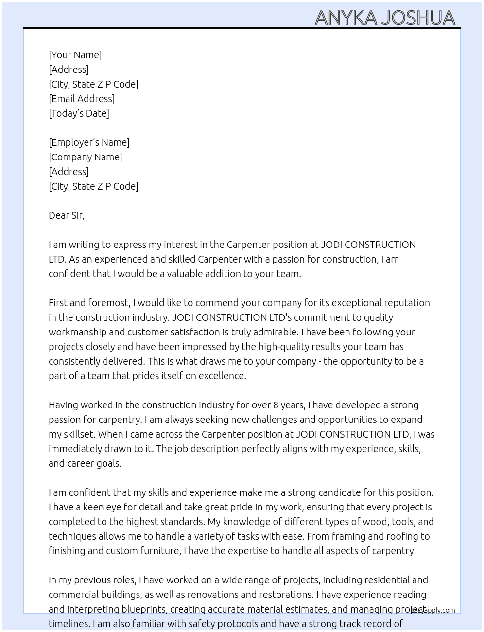 Carpenter  At JODI CONSTRUCTION LTD  Cover Letter